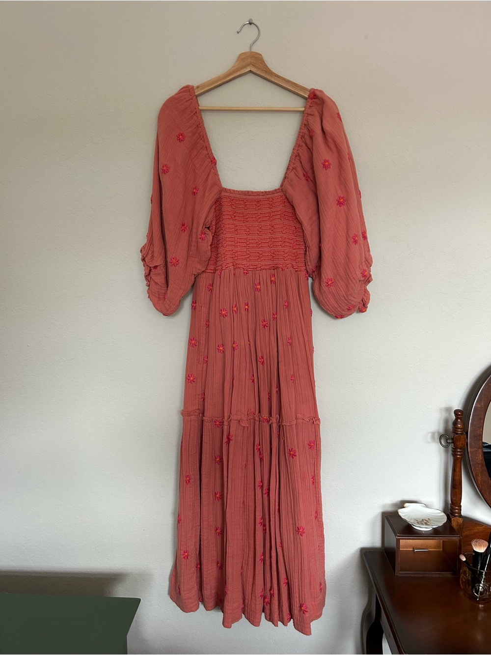 Free People Coral Embroidered Smocked Midi Dress